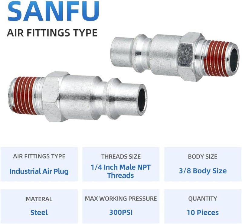 SANFU 3/8 High Flow Air Hose Fittings, 3/8 Inch Body Size, M-Type Plug, 1/4 Inch Male Threads Size, Pre-Coated, Steel Material, 300PSI, 10 Pieces - Image 2